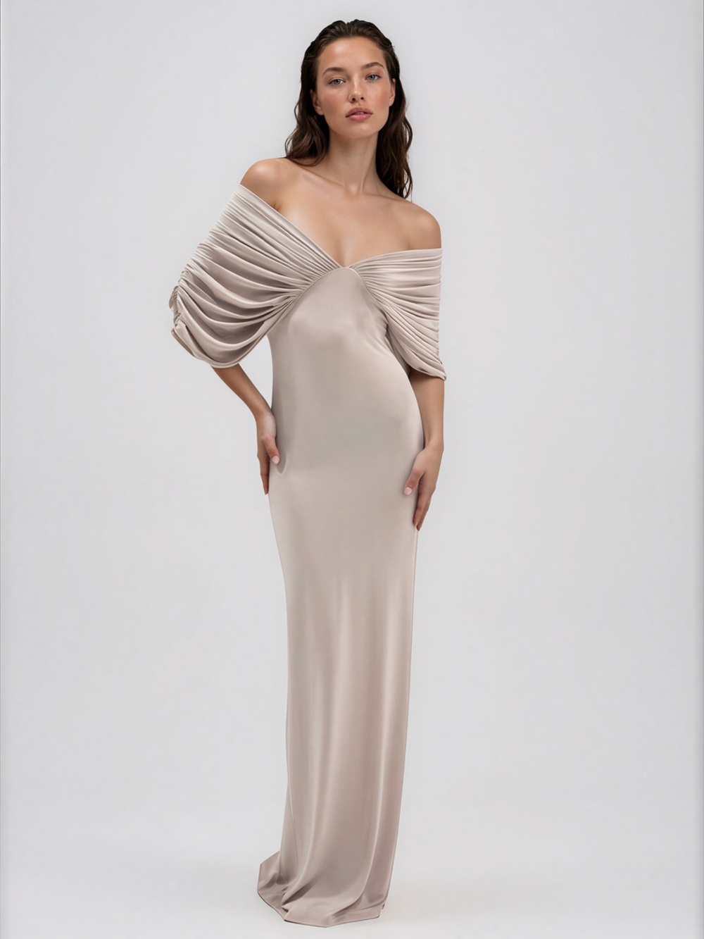 KOIR Soft grey maxi dress ruched shoulders like house of cb